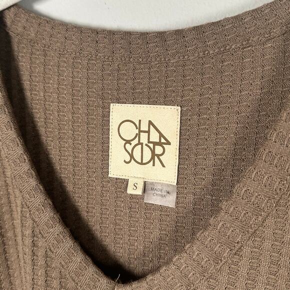 Chaser Brown V-neck Textured Waffle Knit Long Sleeve Top Women's Small - Picture 6 of 9